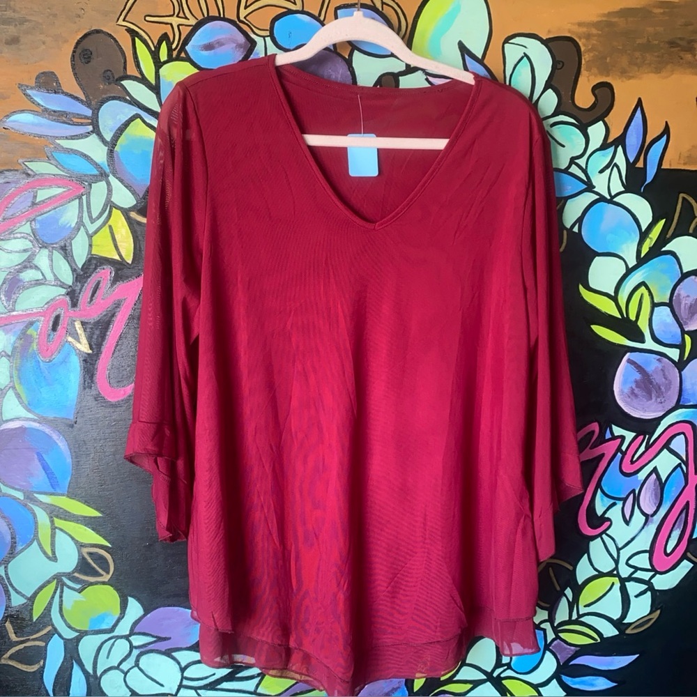 Womens Burgundy 3/4 Bell Sleeve Mesh Shirt Size XL Top Blouse Boho